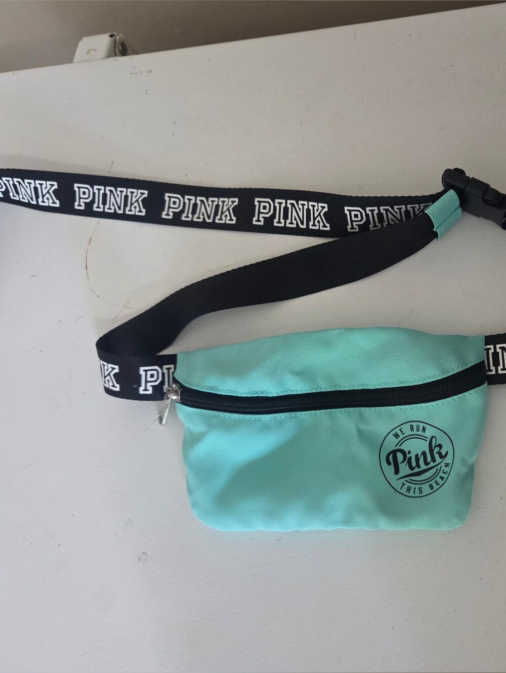 Mint green PINK Victoria's Secret "We Run This Beach" fanny pack/belt bag.